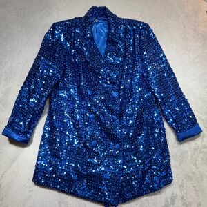 Vintage 80s Royal Blue Sequin Double Breasted Blazer Jacket Butterfly Lining L